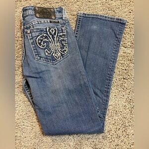 Women’s Miss Me Fleur medium wash boot cut jeans, rhinestone details, 29